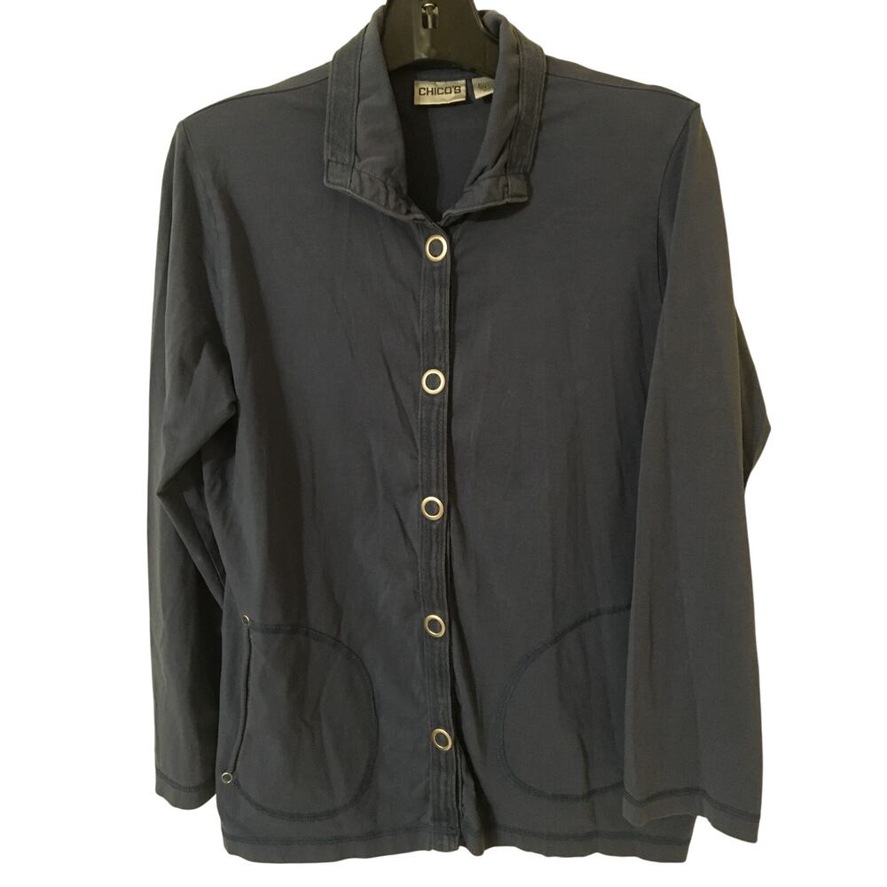 Chico's Size 2, (12) 94% Cotton Lightweight Blue Jacket Snap Front & Pockets